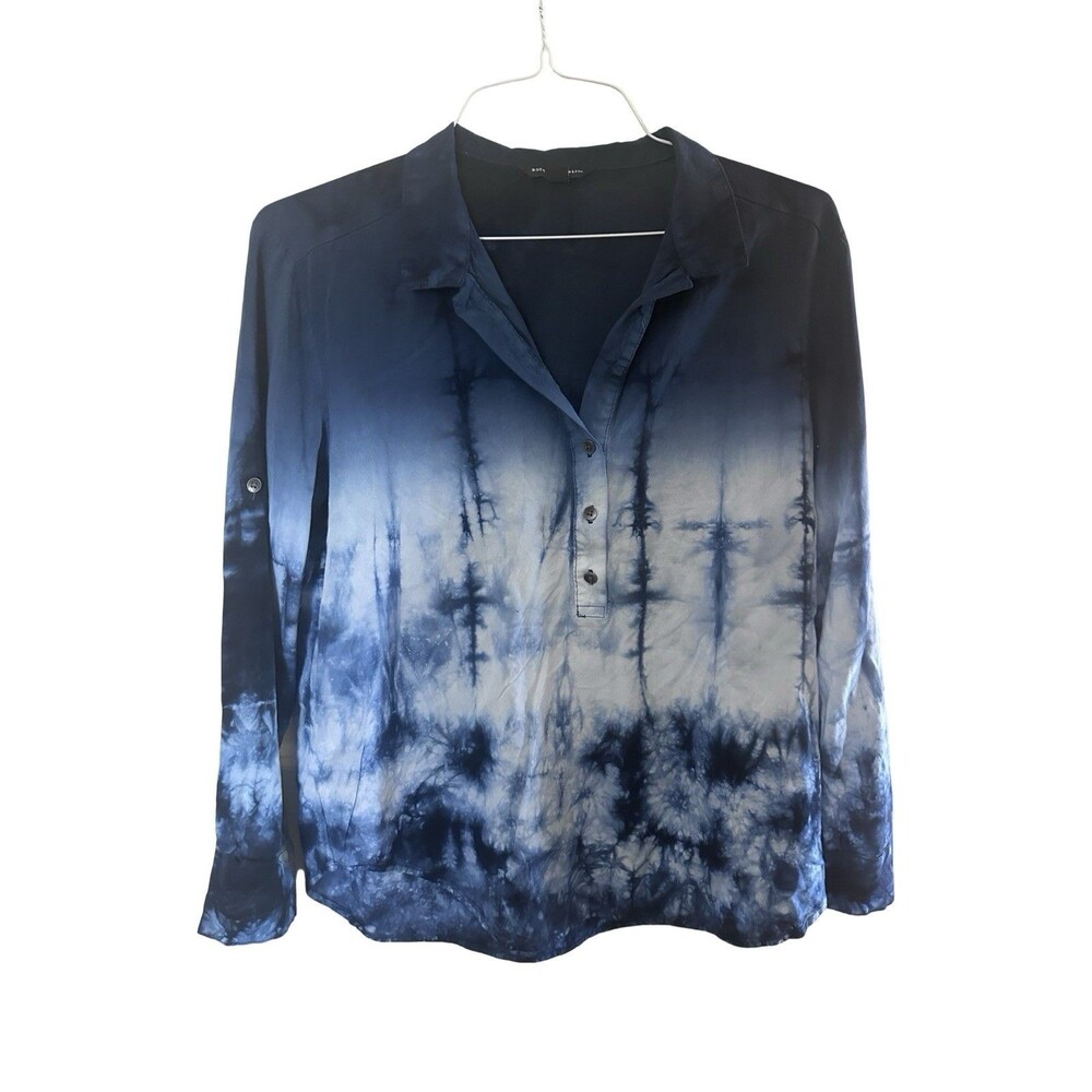 Rock & Republic Blue & White Tie Dye Pop-Over Rayon Roll-Tab L/S Tunic Shirt S
